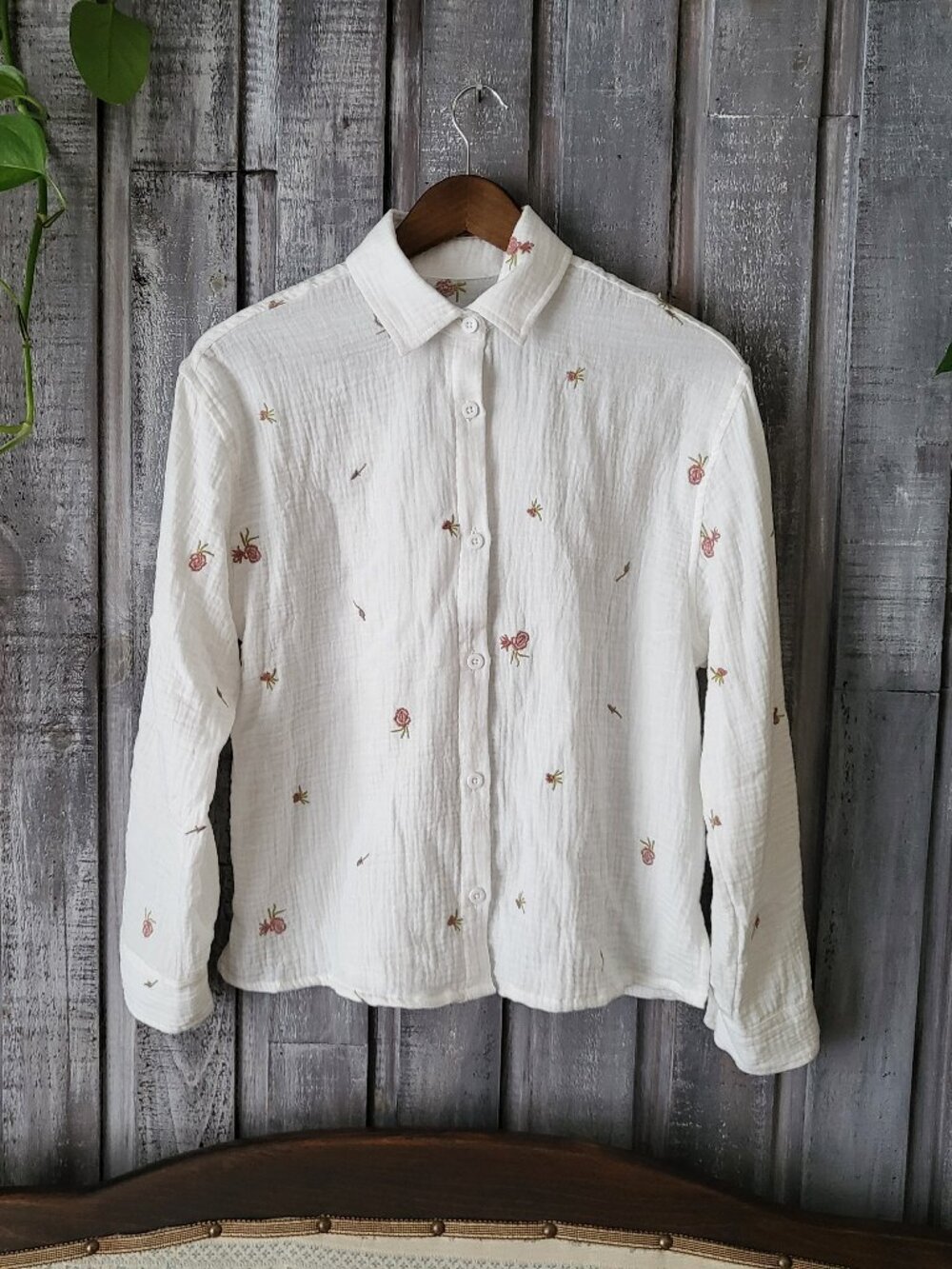 Embroidered White Double Gauze Cotton Button Down Shirt